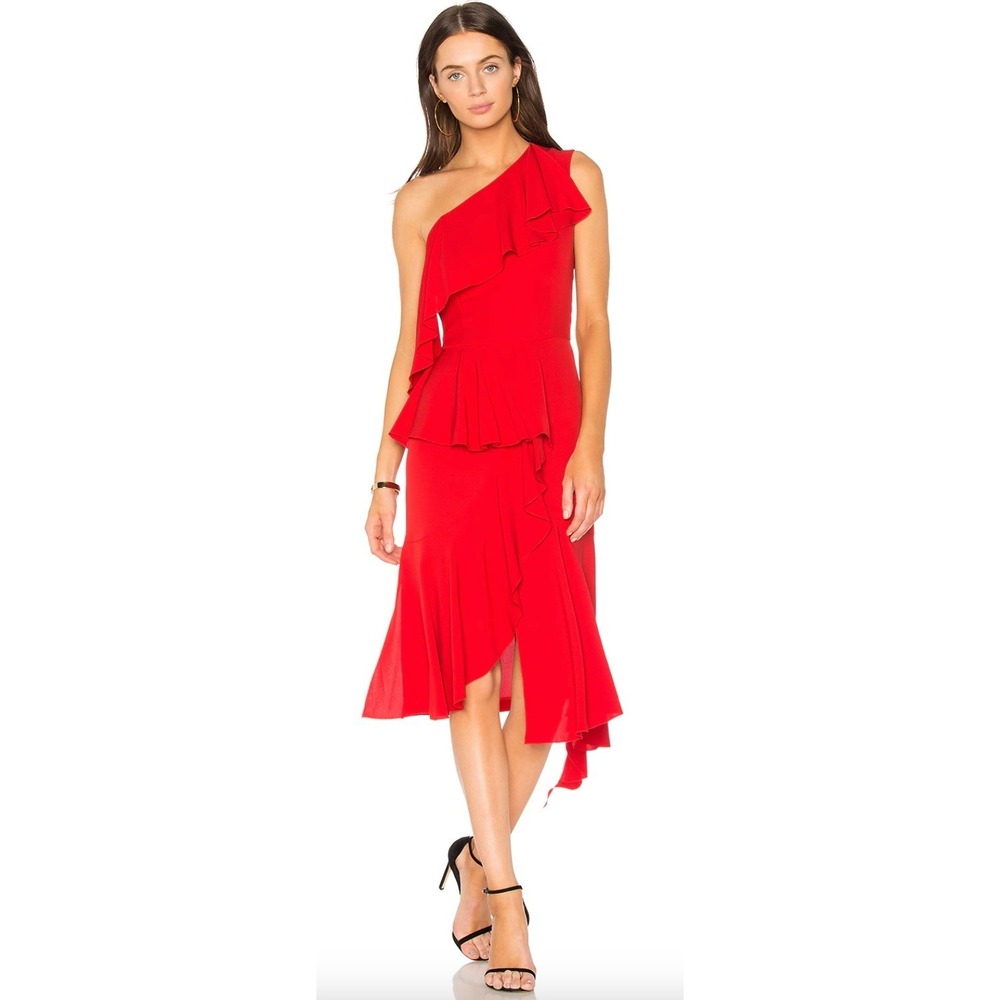 Goen.J Red One Shoulder Ruffle Asymmetrical Midi Dress Sleeveless Cocktail NWT